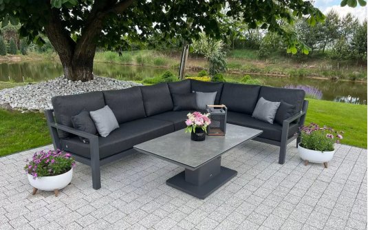 Aluminowy narożnik ogrodowy ze stolikiem z podnoszonym blatem TIMBER grafitowy / poduszki Comforma Aluminowy narożnik ogrodowy ze stolikiem z podnoszonym blatem TIMBER grafitowy / poduszki Comforma