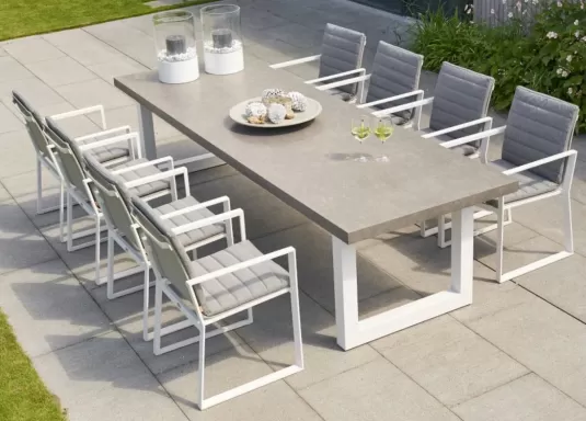 Komplet stołowy na taras biały stół ceramiczny 240 cm STELVIO i fotele PRIMAVERA 