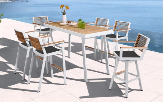 Komplet barowy ogrodowy biały z 6 hokerami YORK Komplet barowy ogrodowy biały z 6 hokerami YORK