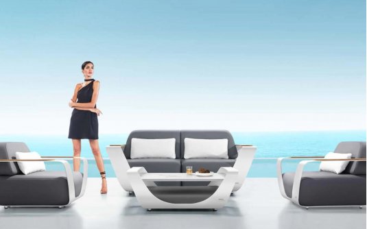 Meble ogrodowe aluminiowe wypoczynkowe białe ONDA siedziska z szarej ekoskóry Meble ogrodowe aluminiowe wypoczynkowe białe ONDA siedziska z szarej ekoskóry