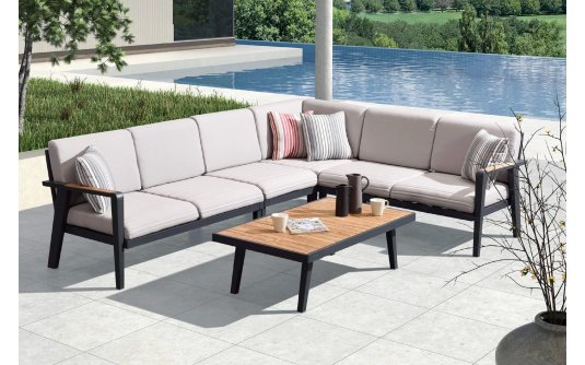 Duży narożnik na taras aluminiowy EMOTI czarny z beżowymi poduszkami Olefin Duży narożnik na taras aluminiowy EMOTI czarny z beżowymi poduszkami Olefin