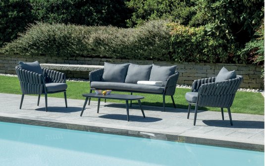 MARBELA zestaw wypoczynkowy ogrodowy grafitowe aluminium lina poduszki szare MARBELA zestaw wypoczynkowy ogrodowy grafitowe aluminium lina poduszki szare