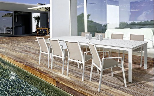 Biały zestaw stołowy aluminiowy z rozkładanym stołem 200-300x110 KONNOR bizzotto Biały zestaw stołowy aluminiowy z rozkładanym stołem 200-300x110 KONNOR bizzotto