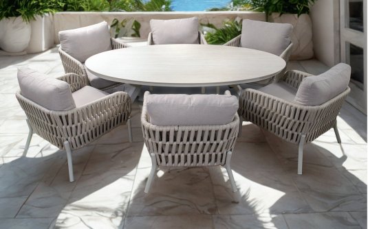 Zestaw stołowy ogrodowy BURGOS Low Dining dla 6 osób: 6 foteli z plecionką Rope i poduszkami Olefin oraz stół DAVOS 220x120 cm z kamiennym blatem. Aluminiowa konstrukcja w kolorze beżowym. Zestaw stołowy ogrodowy BURGOS Low Dining dla 6 osób: 6 foteli z plecionką Rope i poduszkami Olefin oraz stół DAVOS 220x120 cm z kamiennym blatem. Aluminiowa konstrukcja w kolorze beżowym.