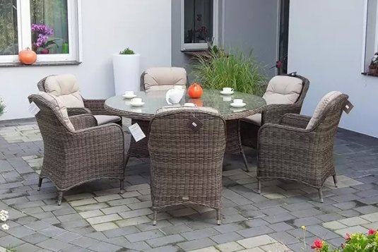 Brązowy zestaw ogrodowy okrągły stół ⌀160 i 6 foteli technorattan