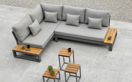 Narożnik aluminiowy grafitowy z bocznymi stolikami teak SOHO Life poduszki szare Narożnik aluminiowy grafitowy z bocznymi stolikami teak SOHO Life poduszki szare