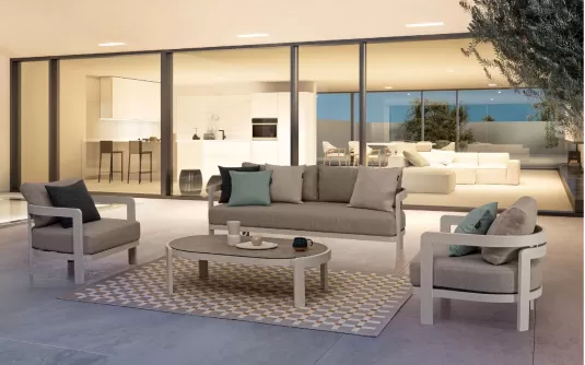 Biały komplet ogrodowy wypoczynkowy aluminiowy PRESLEY poduszki szarobeżowe bizzotto Biały komplet ogrodowy wypoczynkowy aluminiowy PRESLEY poduszki szarobeżowe bizzotto