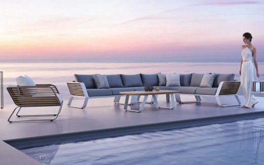 Nowoczesny narożnik ogrodowy wypoczynkowy WING Higold biały / teak Nowoczesny narożnik ogrodowy wypoczynkowy WING Higold biały / teak