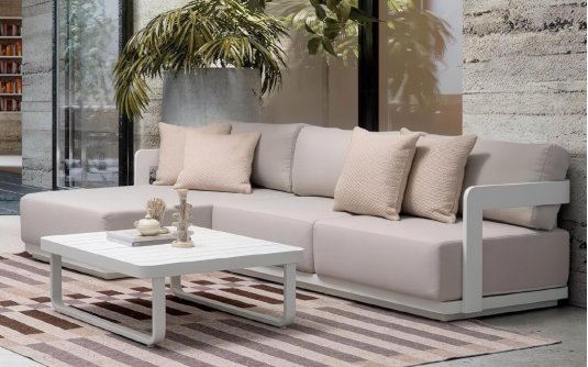 Jasnobeżowy komplet wypoczynkowy z szezlongiem na taras aluminiowy VAPOER poduszki Olefin Jasnobeżowy komplet wypoczynkowy z szezlongiem na taras aluminiowy VAPOER poduszki Olefin