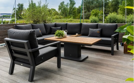 Narożnik ogrodowy aluminiowy grafitowy TIMBER ze stolikiem podnoszonym z blatem teak Narożnik ogrodowy aluminiowy grafitowy TIMBER ze stolikiem z blatem teak