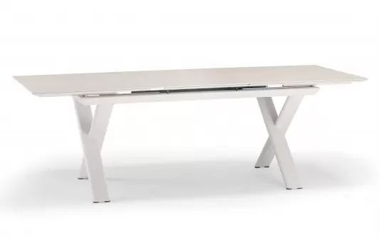 Aluminiowy stół ogrodowy SALINA beżowy nogami krzyżowe i rozkładany blat 200-260 cm kamienia spiekanego Salina Aluminiowy stół ogrodowy SALINA beżowy nogami krzyżowe i rozkładany blat 200-260 cm kamienia spiekanego Salina