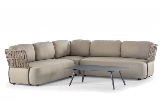 Beżowy luksusowy narożnik ogrodowy SOFT z materiału olefin i z bokami z pasów grube poduszki Beżowy luksusowy narożnik ogrodowy SOFT z materiału olefin i z bokami z pasów grube poduszki