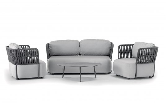 Luksusowy zestaw wypoczynkowy na taras z czarną ramą, ciemnoszarymi pasami i szarymi poduszkami SOFT Luksusowy zestaw wypoczynkowy na taras z czarną ramą, ciemnoszarymi pasami i szarymi poduszkami SOFT