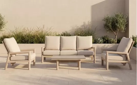 Meble ogrodowe wypoczynkowe z sofą trzyosobową 2 fotelami z pochylonymi oparciami beżowe aluminiowe Sevilla Meble ogrodowe wypoczynkowe z sofą trzyosobową 2 fotelami z pochylonymi oparciami beżowe aluminiowe Sevilla