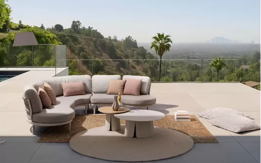 Modułowy aluminiowy narożnik ogrodowy o obłych kształtach Helios bizzotto konstrukcja antracyt poduszki szarobeżowe Modułowy aluminiowy narożnik ogrodowy o obłych kształtach Helios bizzotto konstrukcja antracyt poduszki szarobeżowe