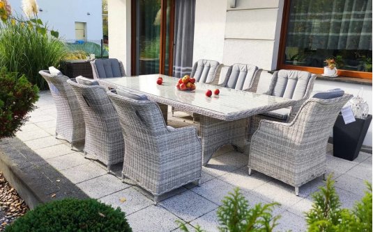 Zestaw mebli stołowych SANTELIA technorattan JASNOSZARY szeroki stół Zestaw mebli stołowych SANTELIA technorattan JASNOSZARY szeroki stół